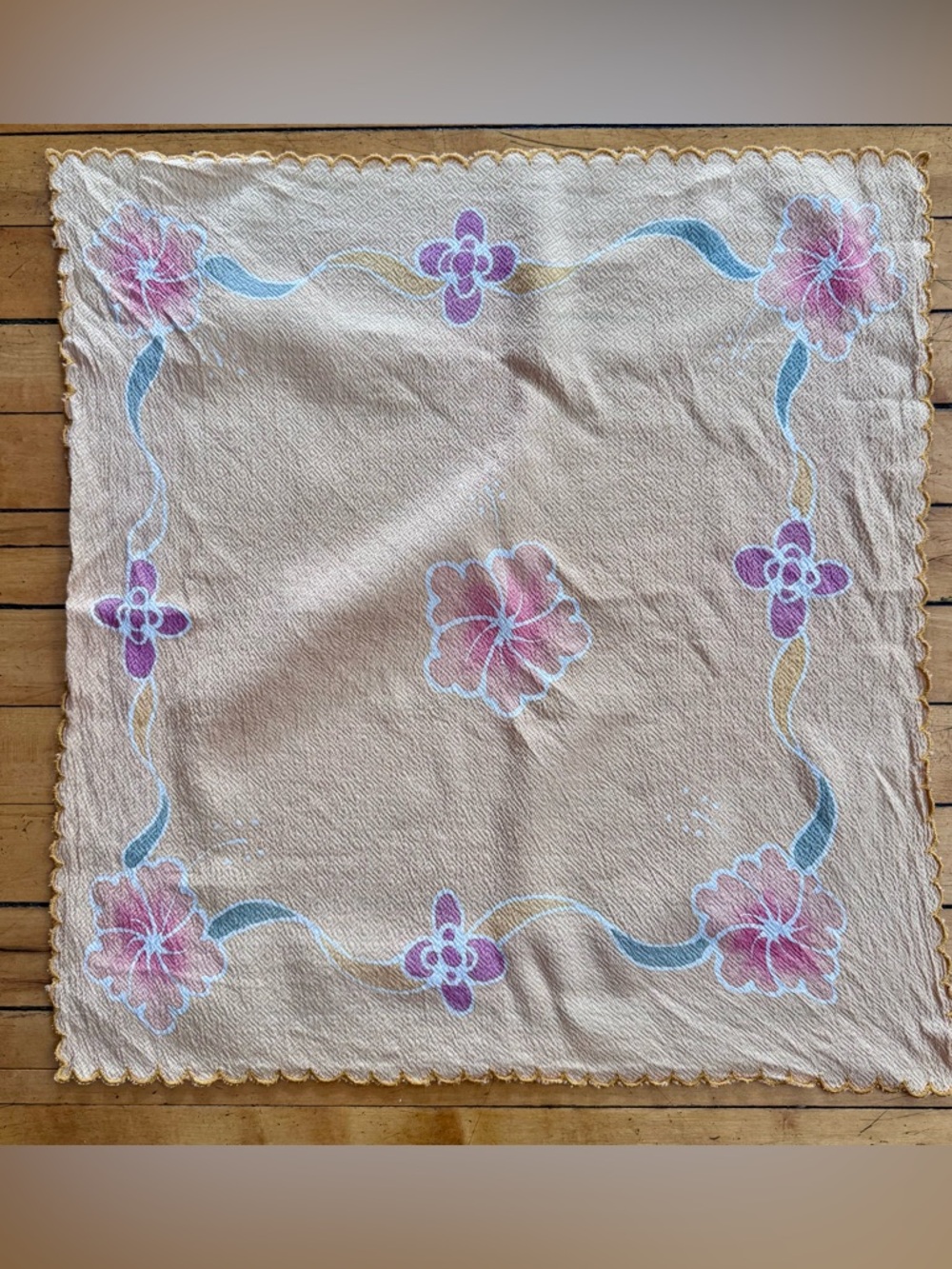 60s 80s vintage square scalloped scarf bandana floral watercolor gold cream pink